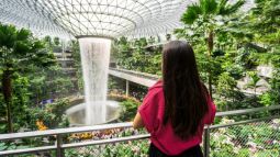 woman watching indoor waterfall in Changi Airport, Singapore